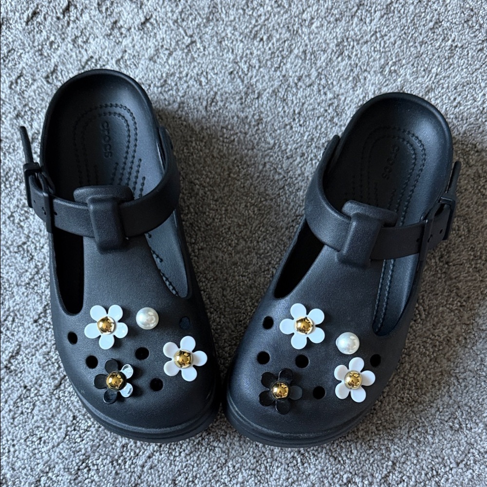 CROCS Women’s Black Mary Jane Sandals with Floral Charms